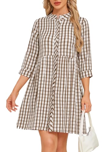 Ladyful Women's 3/4 Sleeve Plaid Mini Dress Gingham Button Down